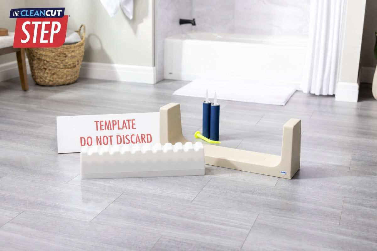 Beige CleanCut Step bathtub conversion kit for creating a lower step-in opening in an existing bathtub