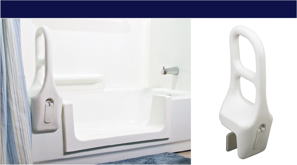 Molded Tub Bar installed beside a CleanCut step-in bathtub cutout, with a close-up of the clamp mount