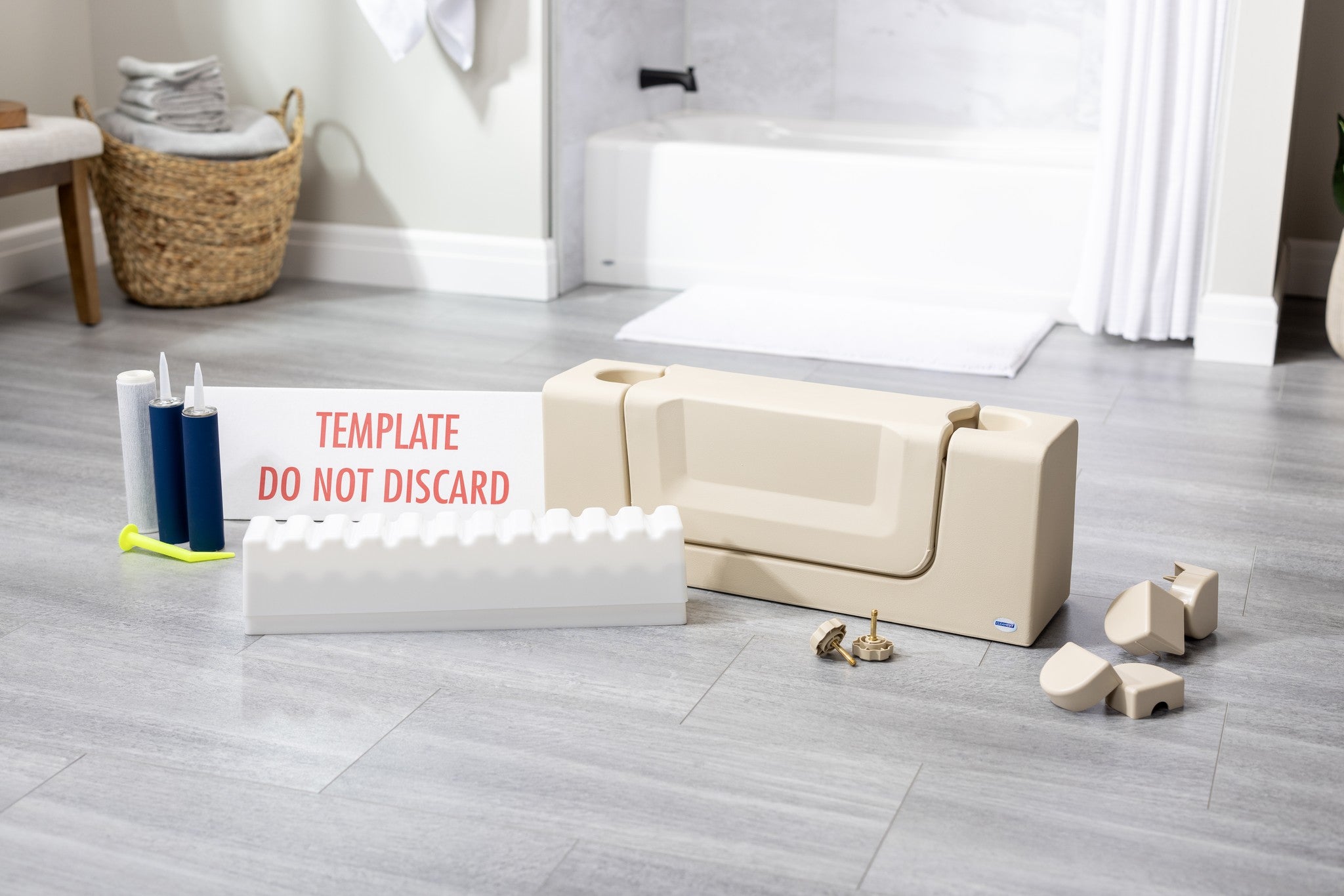 CleanCut Convertible bathtub cutout kit in beige with removable insert and mounting hardware