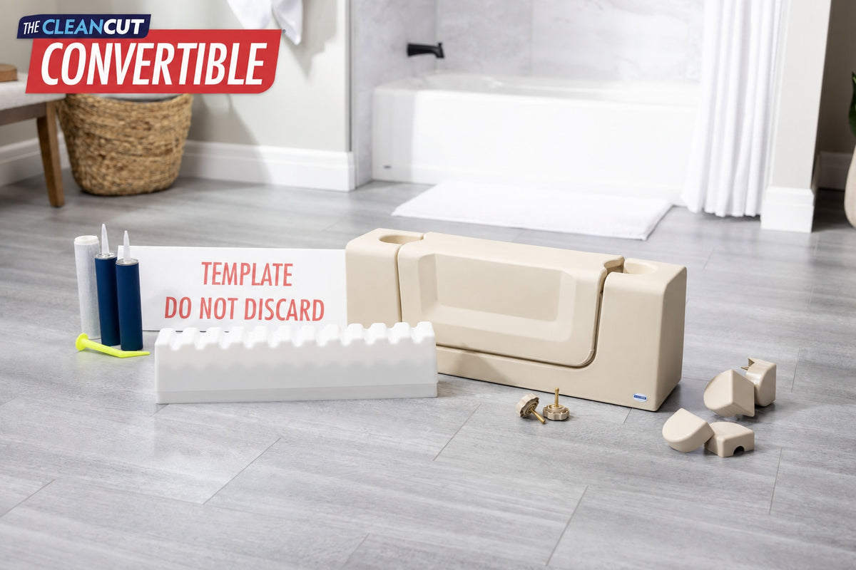 Beige CleanCut Convertible bathtub conversion kit with removable insert for step-in access and bathing