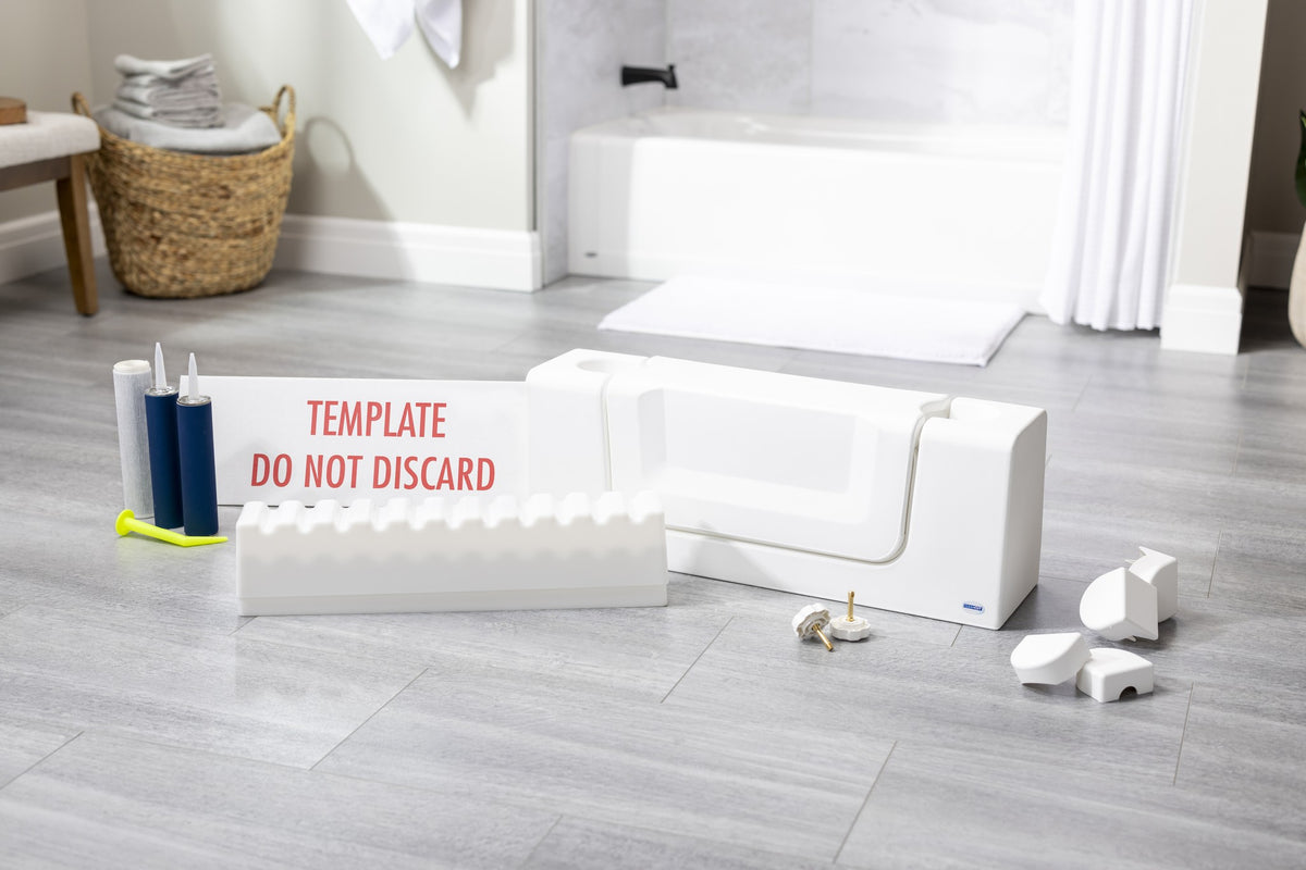 CleanCut Convertible bathtub cutout kit in white with removable insert and mounting hardware