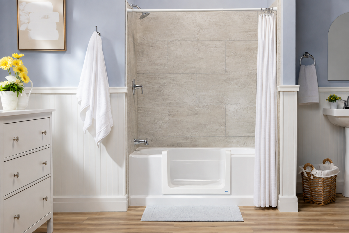 CleanCut Ultra-Low step-in bathtub opening installed in a bright, tiled bathroom